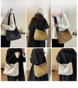 Canvas crossbody bag detail showing multi-color options and adjustable strap on models