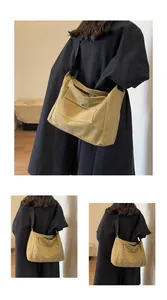 Detail of khaki canvas shoulder bag featuring a front pocket and adjustable black strap