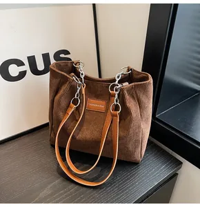 Detalle de bolso de pana con cadena metálica y parche de logo sobre madera grisácea