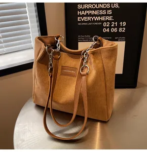 Detalle del bolso tote de pana marrón con correa de cuero y cadena de metal plateada
