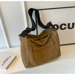 Detail of vintage brown canvas bag featuring front flap pocket and black adjustable strap