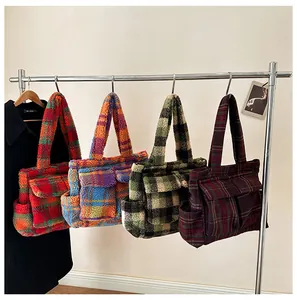 Detail showing four styles of checkered plush tote bags with front pockets and wide straps