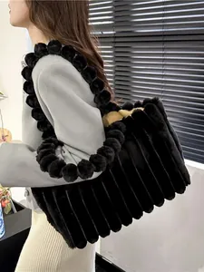 Sac Cabas en Peluche Fausse Fourrure pour Femmes Rayures Verticales Sac à Bandoulière Grande Capacité Avec Poignée à Pompon Mode Hiver