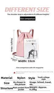 Size chart showing large capacity pink nylon drawstring backpack dimensions 44x33x21cm