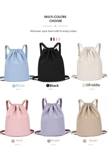 Collage of nylon drawstring backpacks in blue, black, off-white, pink, purple, and khaki