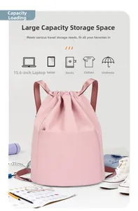 Pink drawstring nylon backpack detail showing large capacity for 15.6 inch laptop
