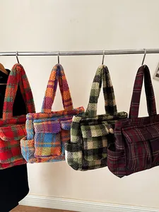 Furry lamb wool tote bags with Scottish plaid pattern and front flap pocket in four colors