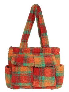 Fleece plaid tote bag in orange, red and green with lamb wool texture and multi pockets