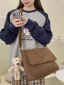 Dames Koreaanse Stijl Hart Gewatteerde Messenger Bag Met Pluche Beer Hanger Katoen Puffer Schouder Crossbodytas Grote Capaciteit Trendy Casual Studententas