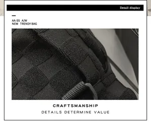Detail view of the black checkerboard woven texture and adjustable buckle of the chest bag