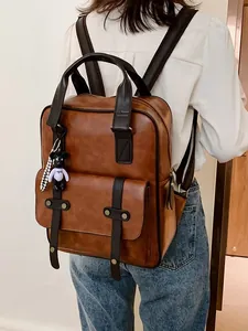 Vintage PU Leather Backpack For Women Fashion Schoolbag Large Capacity Travel Bag With Bear Charm British Retro Casual Shoulder Bag