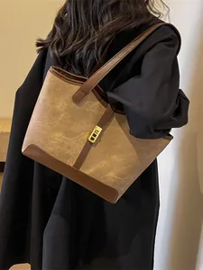 Französischer Retro Damen Tragetasche Mit Großer Kapazität Farblock Mode PU Leder Schulter Unterarm Pendler Tasche Metallschloss
