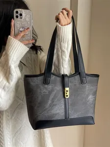 Vintage-Einkaufstasche in Grau und Schwarz mit großem Fassungsvermögen und Goldschnalle