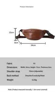 Tabella taglie per borsa da petto in pelle PU marrone con misure di 34x15x8 cm