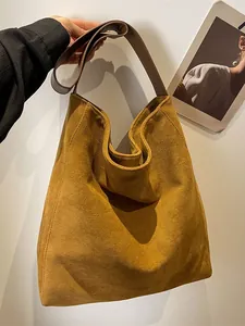 Vintage Large Capacity Suede Tote Bag Women Wide Strap Hobo Shoulder Bag Casual Minimalist Crossbody Daily Office Bag