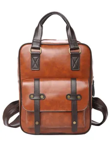 Caramel brown vintage PU leather backpack with top handle and front buckle pocket