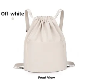 Front view of beige drawstring nylon backpack featuring waterproof fabric and open pocket