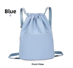 Front view of a lightweight light blue nylon drawstring backpack with zipper pocket