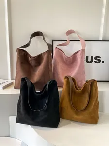 Retro large capacity suede tote bag with wide straps in coffee, pink, black and yellow