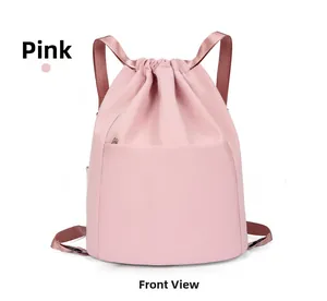 Front view of pink nylon drawstring backpack featuring a horizontal zipper pocket