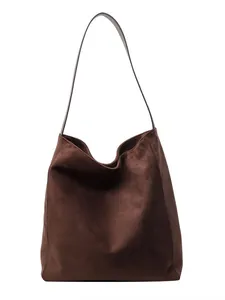 Vintage large capacity dark brown suede hobo tote bag with a minimalist wide shoulder strap