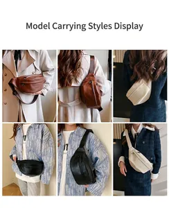 Dettagli di modelle con borsa a tracolla in morbida pelle PU nei colori nero, marrone e beige