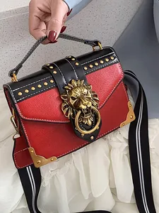 Vintage Women PU Leather Crossbody Bag Lion Head Metal Hardware Studded Small Square Bag Striped Fabric Wide Strap Handbag