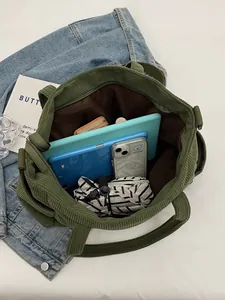 Olive green corduroy tote bag with large capacity for laptop and daily essentials