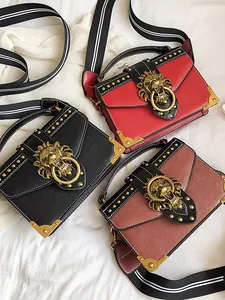 Chic rivet shoulder bag with metal lion head buckle and striped strap in three colors
