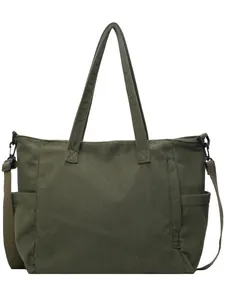 Large capacity army green corduroy tote bag with top handles and adjustable strap