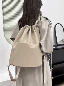 Women's cream nylon drawstring backpack, large capacity waterproof sport yoga travel bag