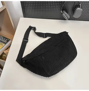 Detail of black corduroy crossbody bag texture and adjustable strap on a minimalist desk