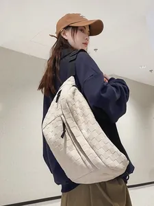 Unisex Street Trendy Woven Checkerboard Chest Bag Large Capacity Sporty Crossbody Bag Casual PU Fabric Waist Bag Adjustable Strap