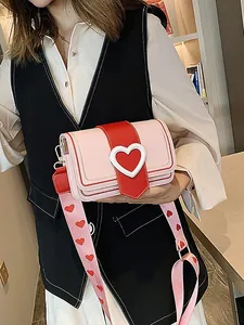 Borsa a Tracolla Piccola Quadrata da Donna in Pelle PU con Cuore a Contrasto Moda Coreana con Tracolla Larga Motivo a Cuori