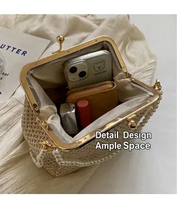 Detail of woven straw bag interior showing space for phone, lipstick and wallet