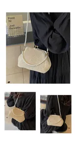 Detailed view of beige woven shell bag with vintage metal clasp and pearl chain straps