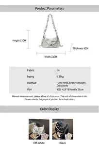 Size chart for ruched cloud bag showing dimensions 23x13x6cm and PU leather material details