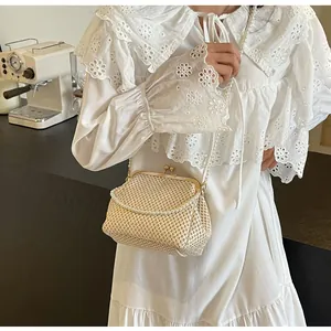Detail view of woven shell bag with vintage gold clasp and elegant pearl chain handle