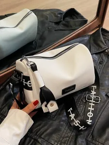 Women's Fashion PU Leather Boston Bag Small Cylinder Crossbody Bag With Wide Letter Printed Strap Daily Shoulder Bag