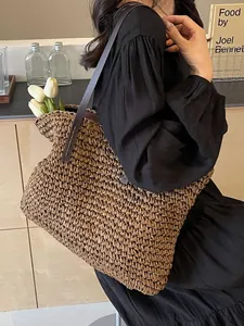 Bolso Tote de Paja Tejida de Gran Capacidad para Mujer Bolso de Playa Tejido a Mano Con Correas de Hombro de Cuero PU Bolso de Hombro Casual para Vacaciones de Verano