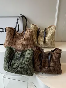 Bolsos tote de paja tejidos a mano en caqui, beige, verde y marrón con asas de cuero