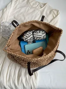 Bolso tote de paja trenzada de gran capacidad con asas de cuero y cremallera
