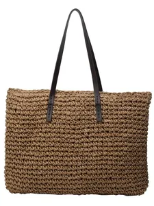 Bolso tote de paja tejida a mano con asas de cuero, bolso de hombro de verano suave