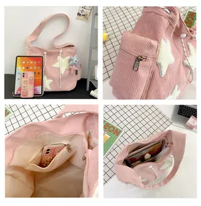 Détails du sac cabas en velours côtelé rose avec étoile, poches zippées et grande capacité