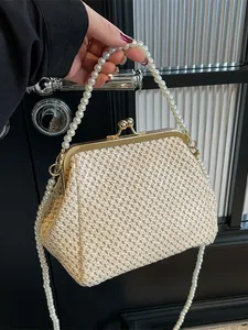 Vintage Woven Straw Shell Handbag With Faux Pearl Handle And Beaded Shoulder Strap Retro Elegant Evening Clutch For Women