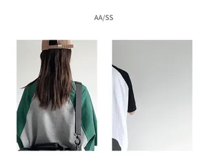 Detailed views of dual-color raglan sleeve sports t-shirts in green and black colorways