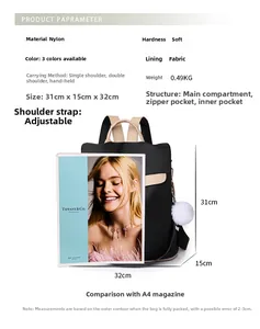 Spécifications détaillées de taille pour sac à dos en nylon léger de 31x15x32 cm