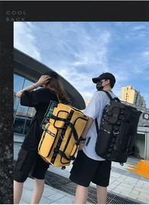 Detail of yellow and black waterproof travel backpacks with functional buckle straps