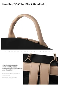Détail des coutures contrastées sur sac à dos noir avec poignées en cuir marron clair