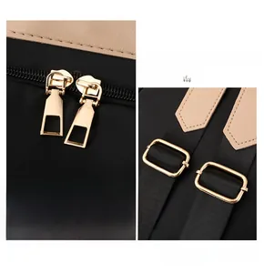 Détail des fermetures éclair dorées et boucles de sangle réglables sur sac à dos en nylon